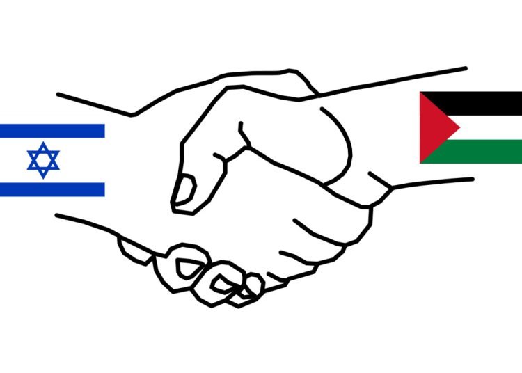 drawing of two hands shaking, the left has the Israeli flag on the wrist, the right the Palestinian flag