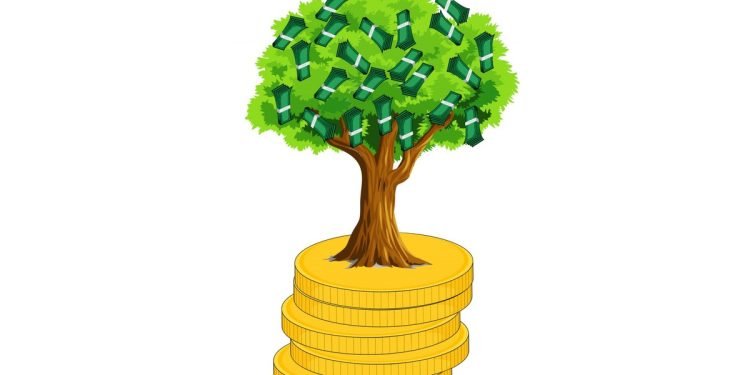 Drawing of a tree growing on a stack of coins and with bundles of green notes between the leaves
