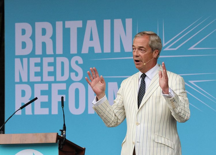 Nigel Farage addressing Reform UK rally at Trago Mills, Devon