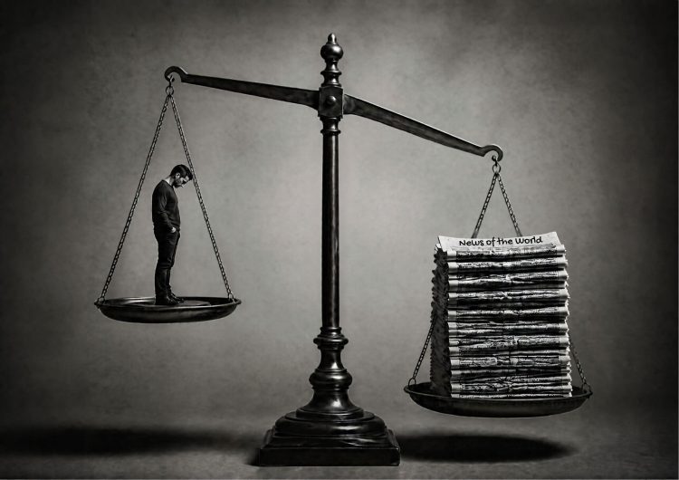 Weighing scales with a man with his head bowed on the left scale and a stack of heavy newspapers on the right hand scale the scale is unbalanced