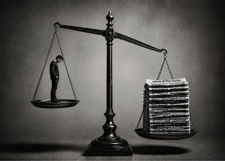 Weighing scales with a man with his head bowed on the left scale and a stack of heavy newspapers on the right hand scale the scale is unbalanced